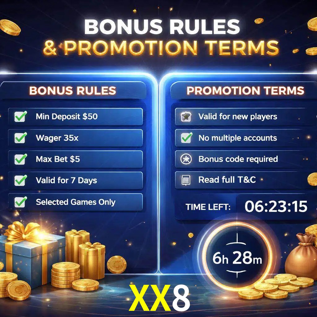 Reglas de promoción XX8 y condiciones de bonos explicadas visualmente