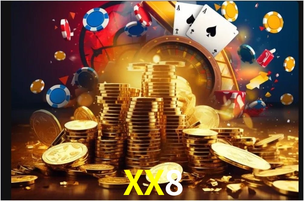 Una escena digital vívida inspirada en casino con XX8 mostrado prominentemente, luces brillantes, fichas, cartas y acentos dorados.