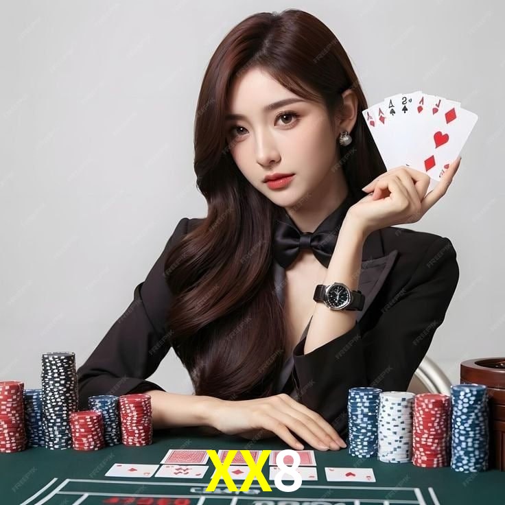 Escena dinámica inspirada en casino con iluminación XX8, cartas, fichas e íconos de juegos digitales en un espacio moderno de juegos.
