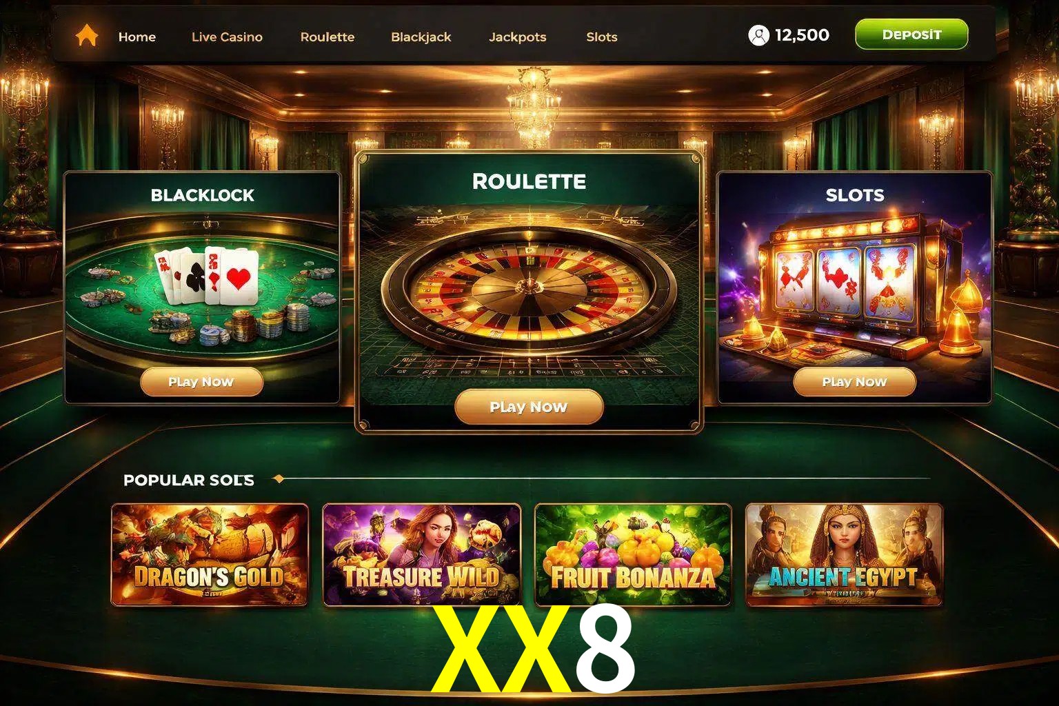 Vista de la plataforma XX8 Casino mostrando categorías organizadas de juegos en línea